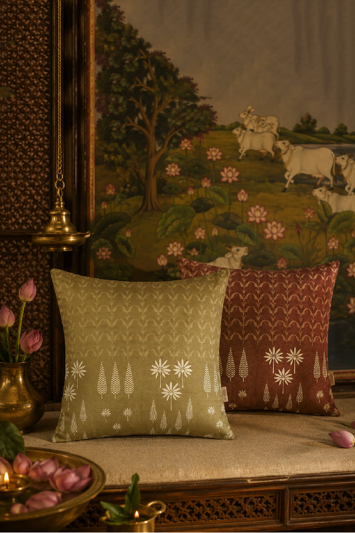 MiRooh Saajh cushion covers in moss green and mahogany shown as a gift pair