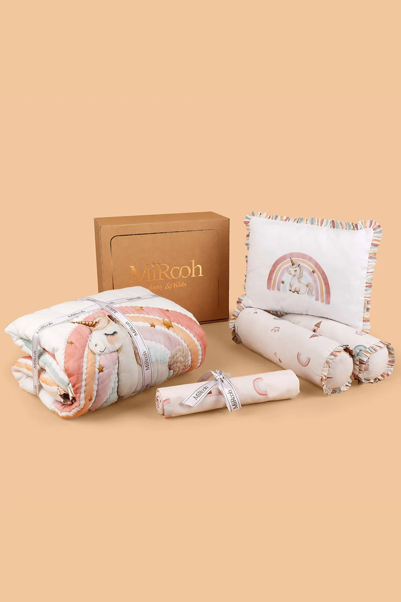 MiRooh Cosmic Candy organic cotton complete cot bedding set with bumper
