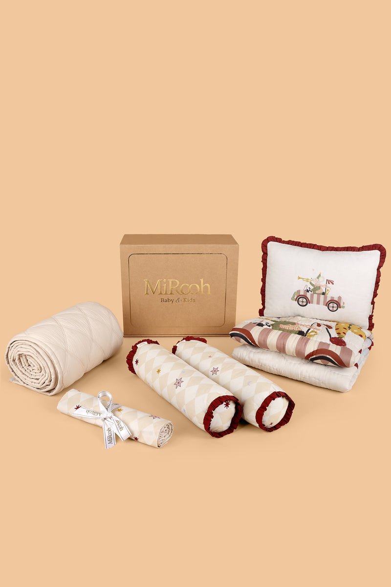 MiRooh Petite Parade organic cotton complete cot bedding set with bumper